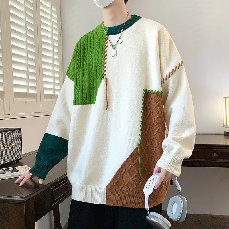 2025 Men's Color-Block Knit Sweater Contrast-Color Crew Neck Oversized Sweater Trendy Versatile Men's Wear College Knit Sweater