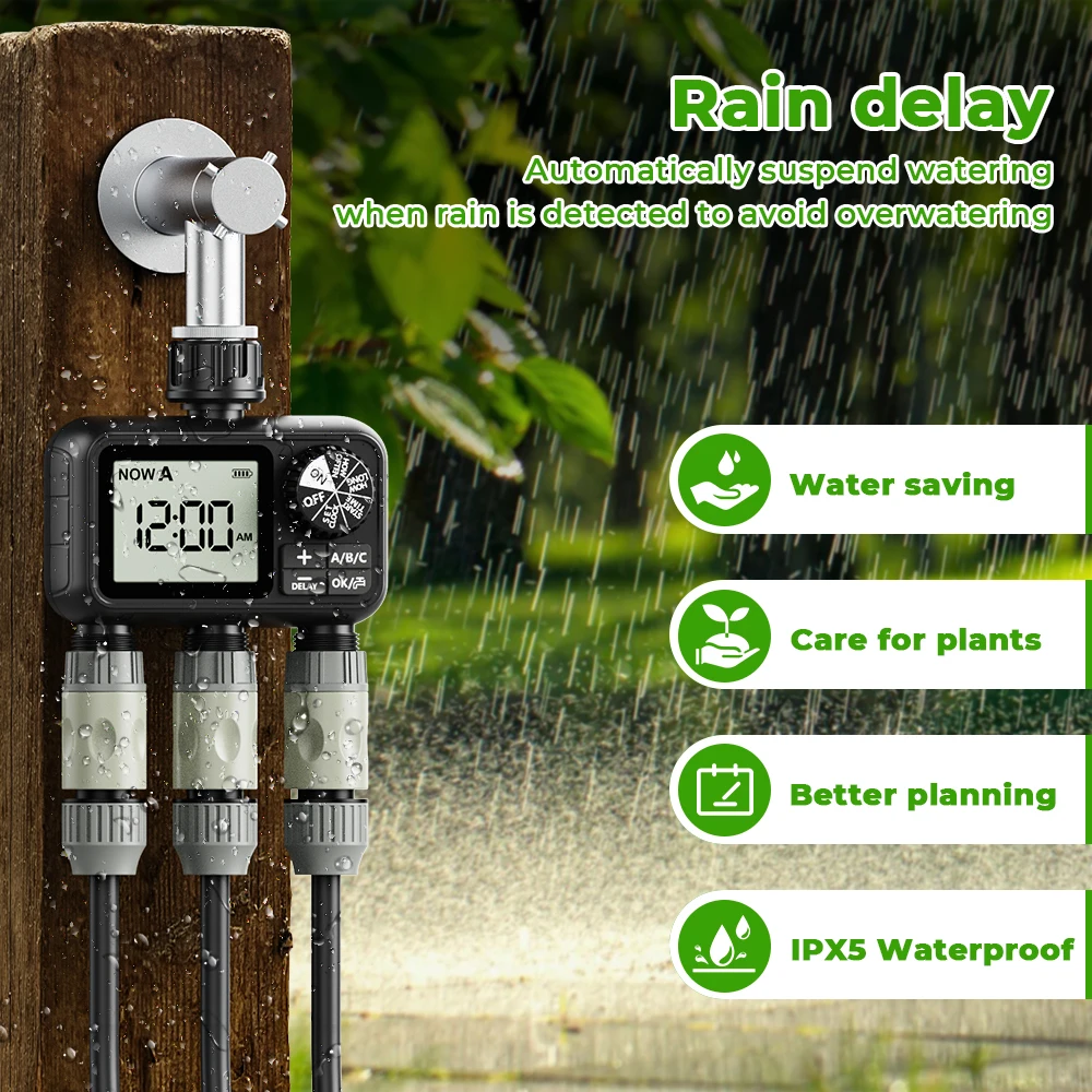 3-Zone Eshico Water Timer Brass Connector Knob Set Smart Rain Delay Large Display IPX5 Multiple Uses Water at Precise Time