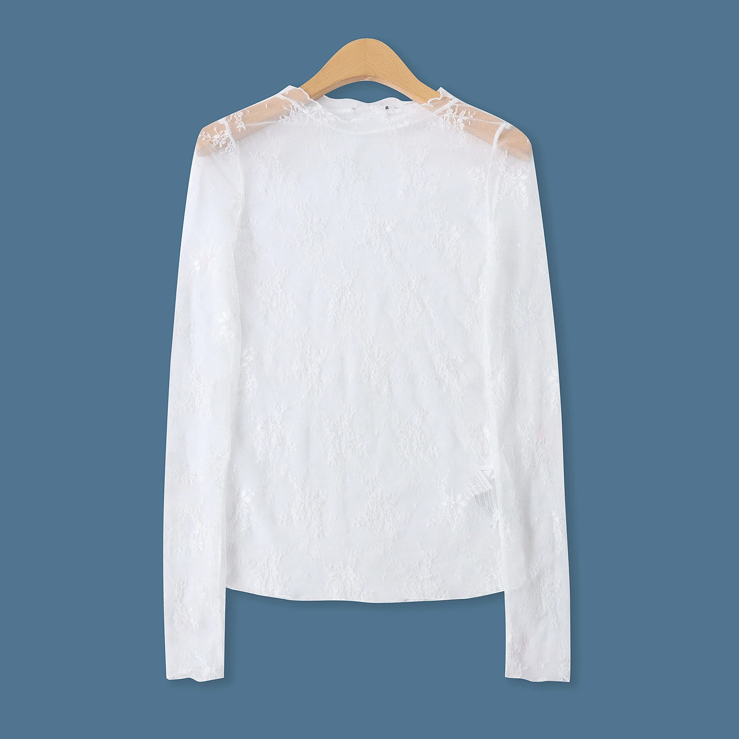 Fashionable Lace Shirt Long Sleeve Slim Fit Semi-Transparent round Neck Base Shirt Spring Summer New Style Women's All-Match