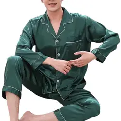 New Elegant Satin Men's Pajama Sets Long Button Sleepwear Male Sleeping Home Clothes Silk Night Wear Pijama Big Size Loungewear