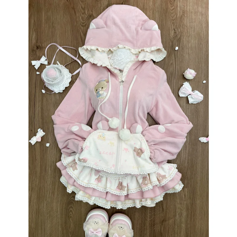 Pink Sweet Lolita Style Two Piece Sets Japanese Women Hooded Hoodie Coat Cartoon Bear Print Cake Skirt Kawaii Y2k Princess Suits