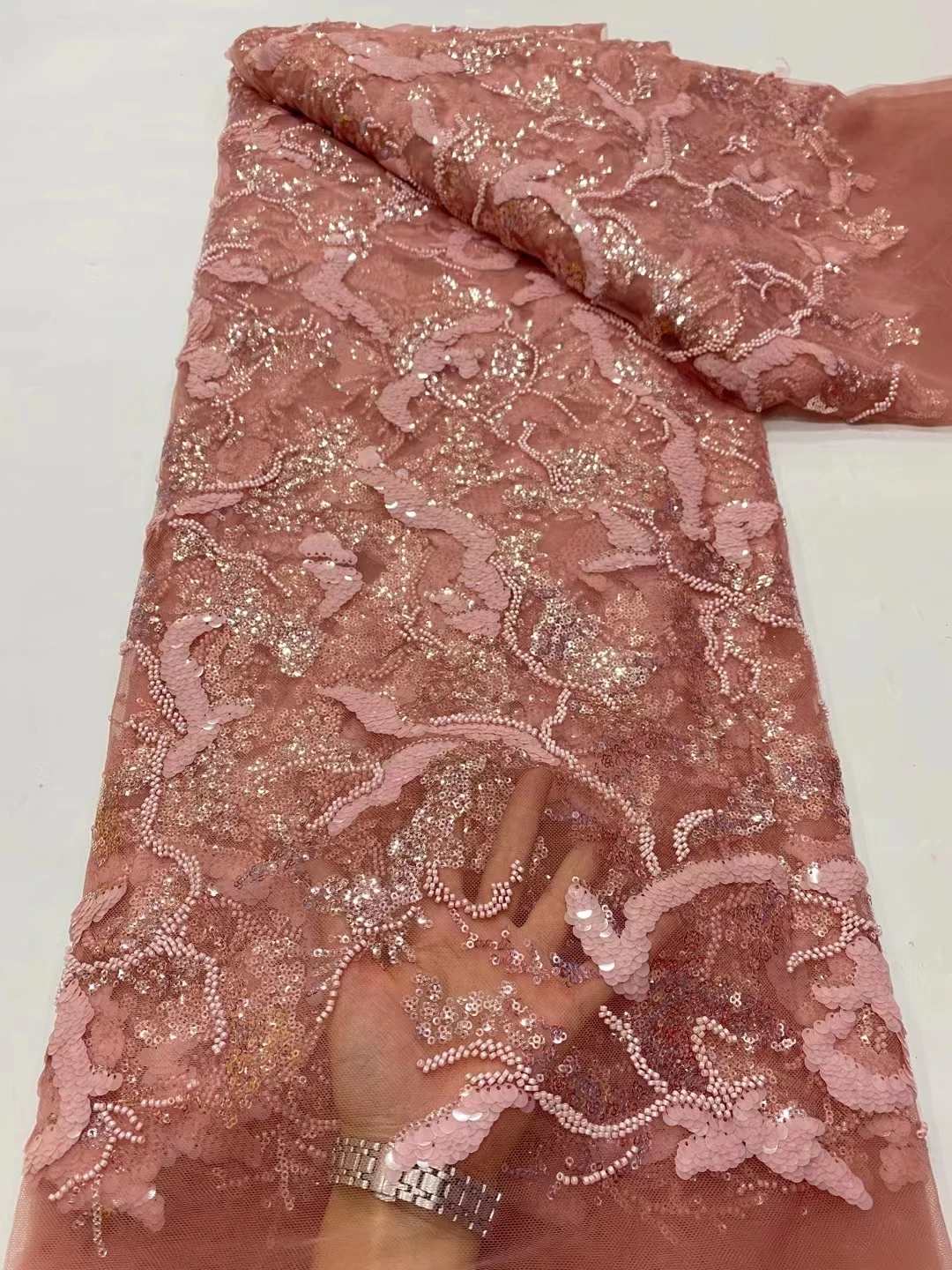 

Beaded French Lace Fabric 5 Yards 2023 High Quality African Nigerian Tulle Lace Fabric For Wedding Party Dress Sewing PDP23205