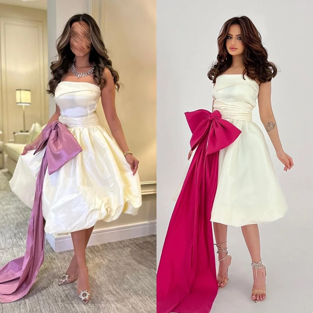 Prom Dress Satin Bow Draped Pleat Christmas A-line Strapless Bespoke Occasion Gown Knee Length Dresses Evening Saudi Arabia