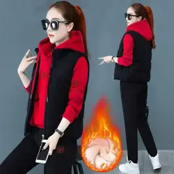 Women Three-piece Suit Women's Winter Tracksuit Set with Embroidered Hoodie Padded Coat Elastic Waist Pants 3 Piece Sport