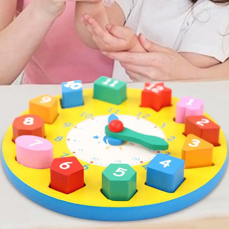 Teaching Time Blocks Clock Number Shape Teaching Clock Movable Arms Shape Sorting Puzzle For Home School Daycare Center