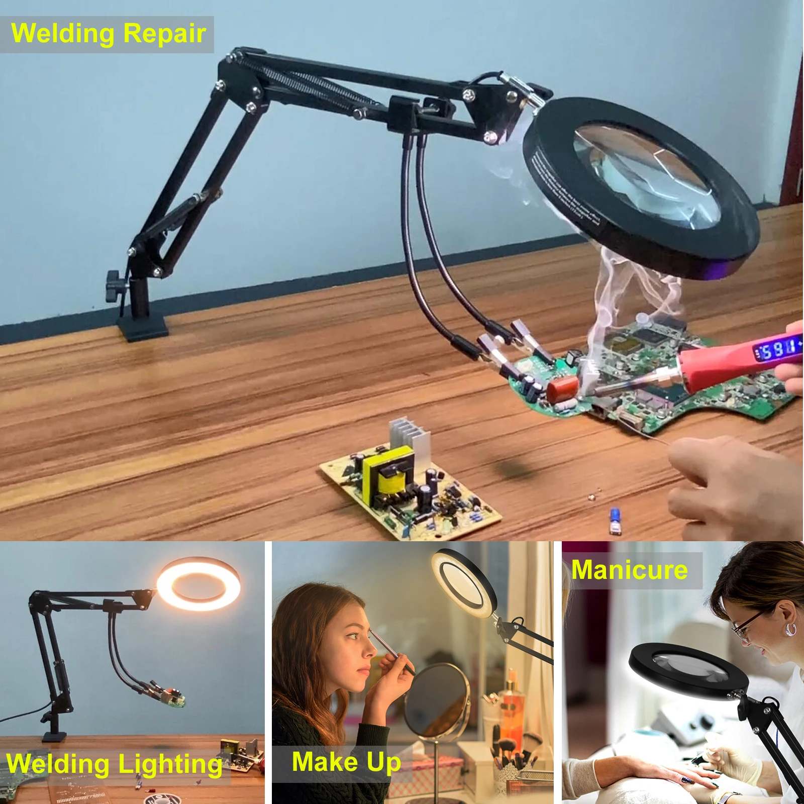 Toolour lupa com luz e braçadeira 5x lente de ampliação lâmpada de mesa led iluminado lupa para reparo hobby perto trabalho