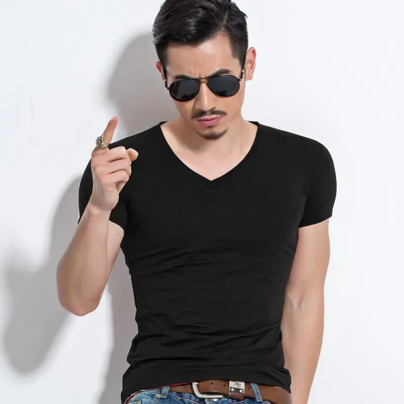 T-Shirt męski z kołnierzykiem V Obcisły T-Shirt męski z krótkim rękawem Pure Color T-Shirt męski Brand New Tops Tees For Male Clothing