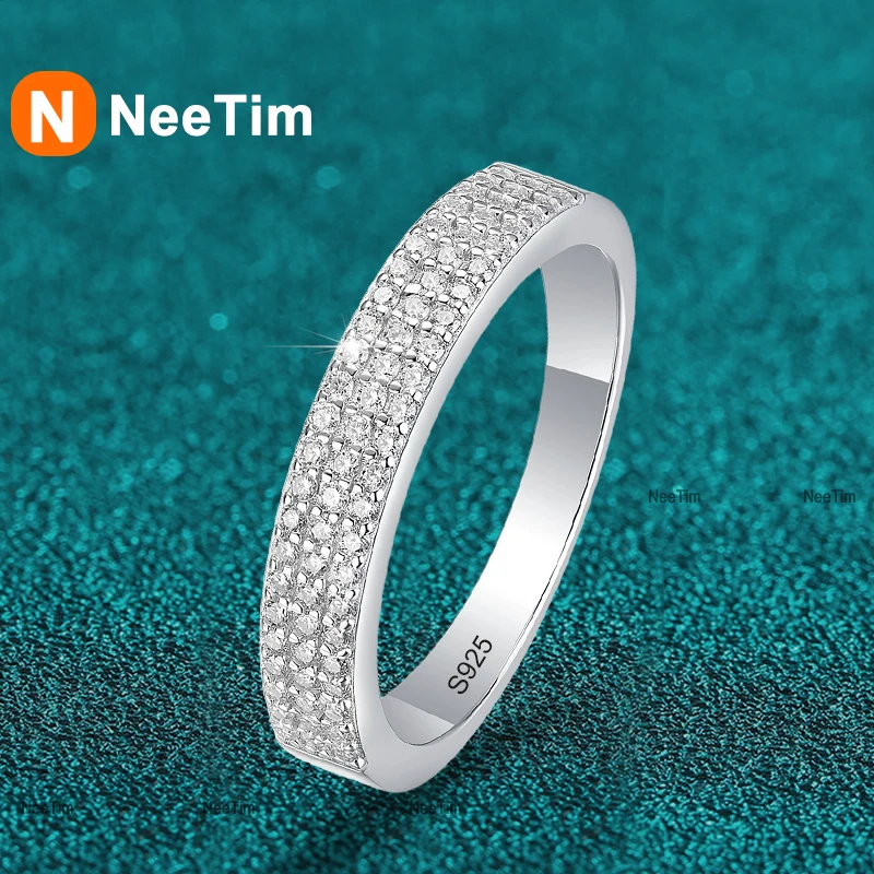 NeeTim All Moissanite Ring 925 Sterling Sliver with Gold Plated Eternity Band Lab Diamond Rings for Women Party Sparkling Jewely