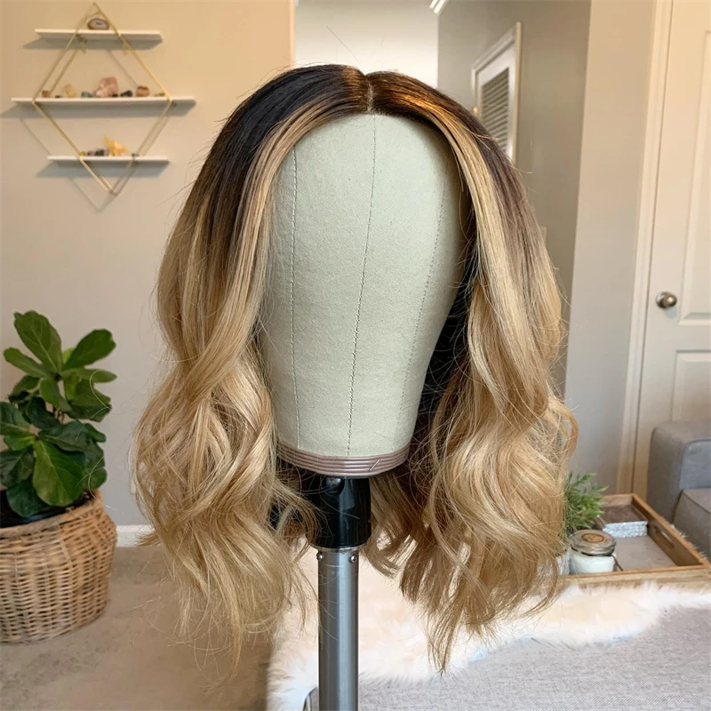 

Synthteic Natural Looking Daily Party Wigs Ombre Golden Blonde HD Lace Front Wig with Dark Roots Natural Short Wave Bob Wig