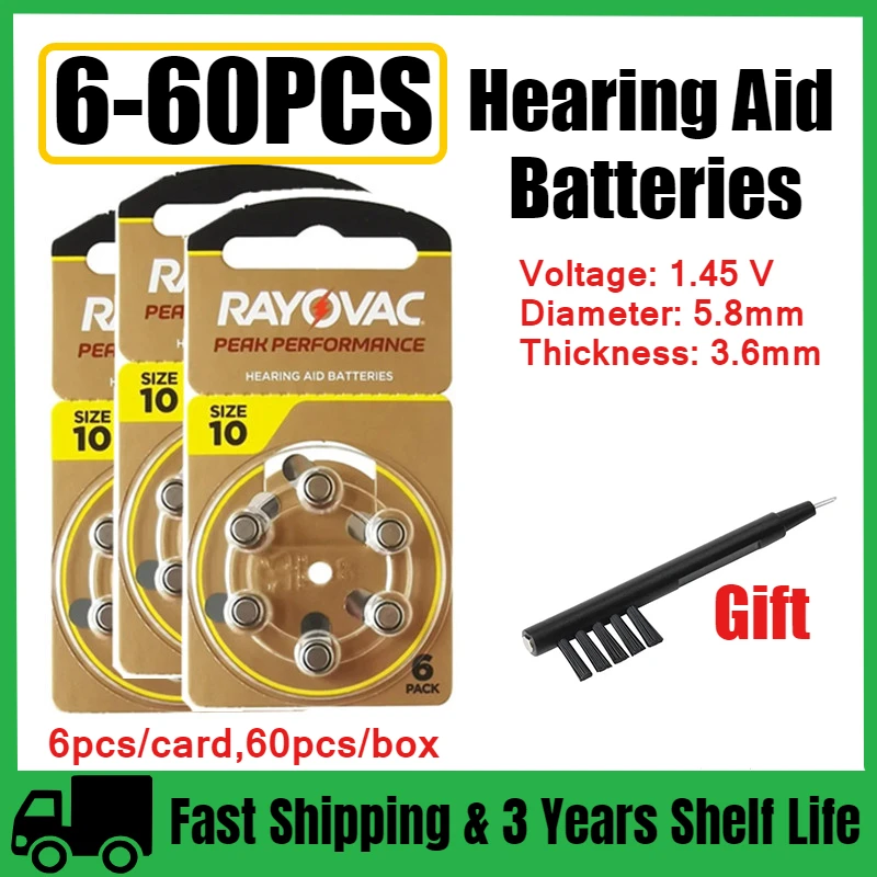 6-60Pcs RAYOVAC PEAK Hearing Aid Batteries A10 ZA10 10A P10 PR70 High Performance Zinc Air Battery For Mini Digital Hearing Aid