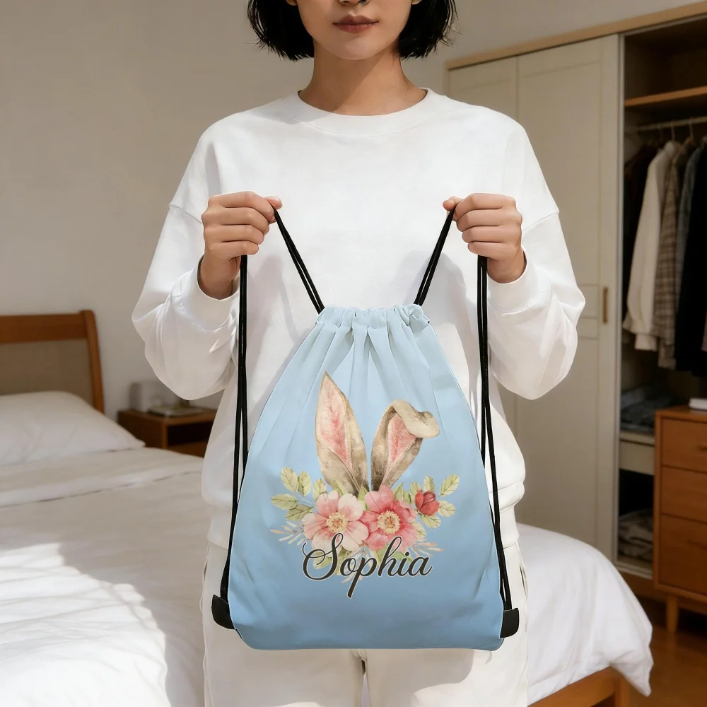 1pc Custom Name Minimalist Bunny Ear Drawstring Bag | Lightweight Bag For Easter Egg Hunts, Travel,Playdates,Unique Holiday Gift