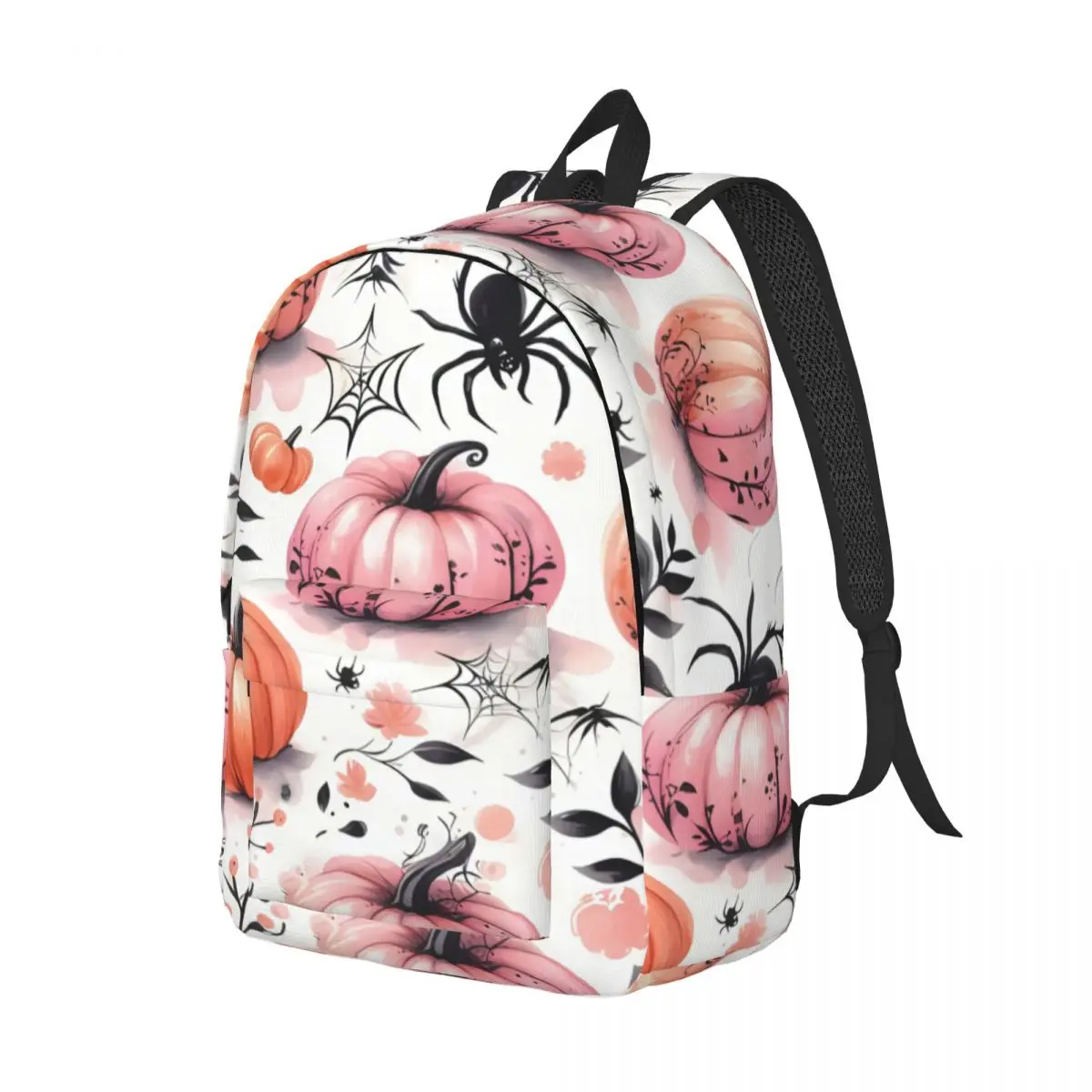 Spooky Print Student Backpack Tossed Pink Pumpkin Spider Web Coquette Halloween Watercolor Pink Orange Girls Bookbag High School