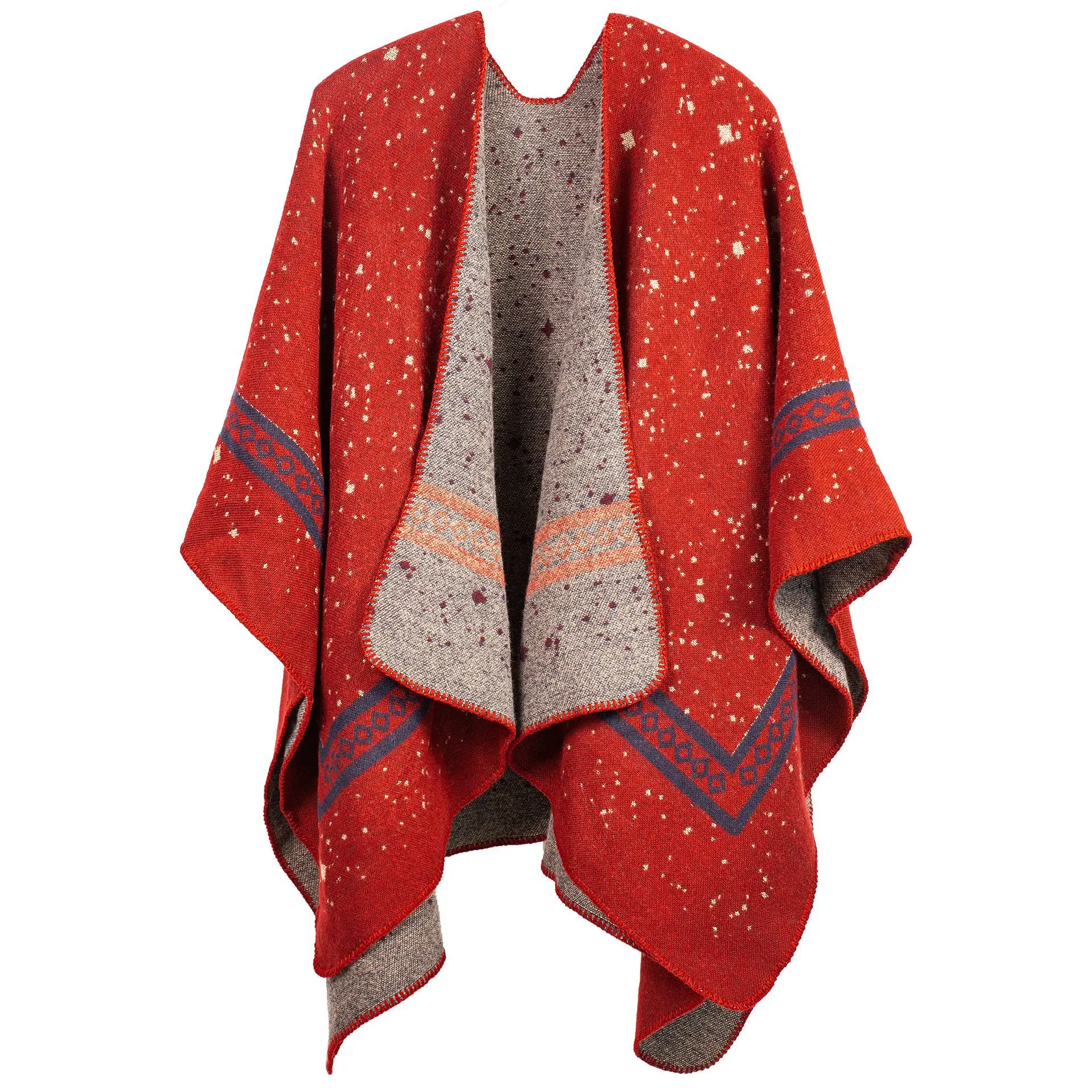 

Autumn Winter New printing Cardigan Imitation Cashmere Warm Casual Women Shawl Poncho Capes Lady Coat Red