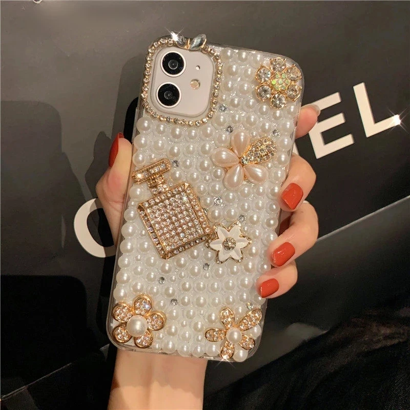 

Flower and Heart Pearl Phone Case for Xiaomi Redmi 13C 12C 13R Note 11 13 12 Pro Plus, Mirror, Rhinestone Bottle, Soft Cover