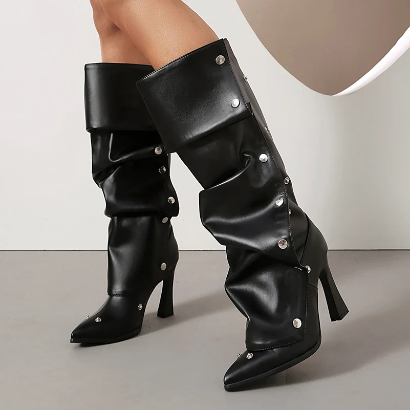Wrinkle Decal Rivet Tip Ultra-High Hollow Out Slim Heel Sexy Knee High Boots Plush Inner Metal Button Slip on High Boots