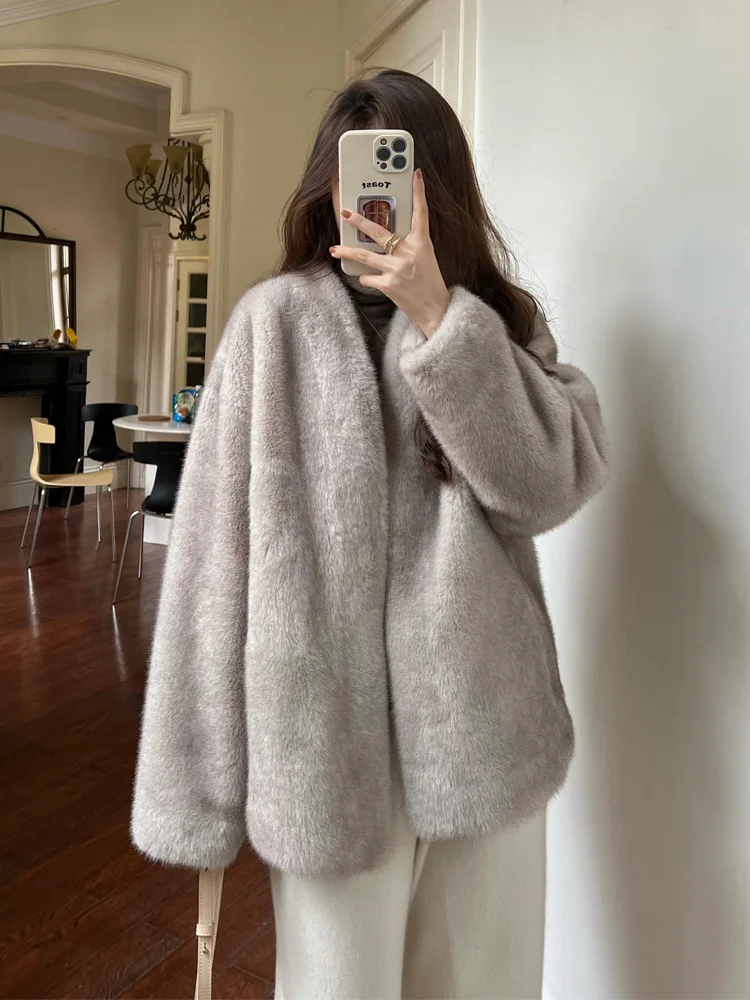 Faux Fur Coats Women V Neck Short Coat Thick Warm Jackets Y2k Streetwear Elegant Work Open Stitch Outerwear Autumn Winter Jacket