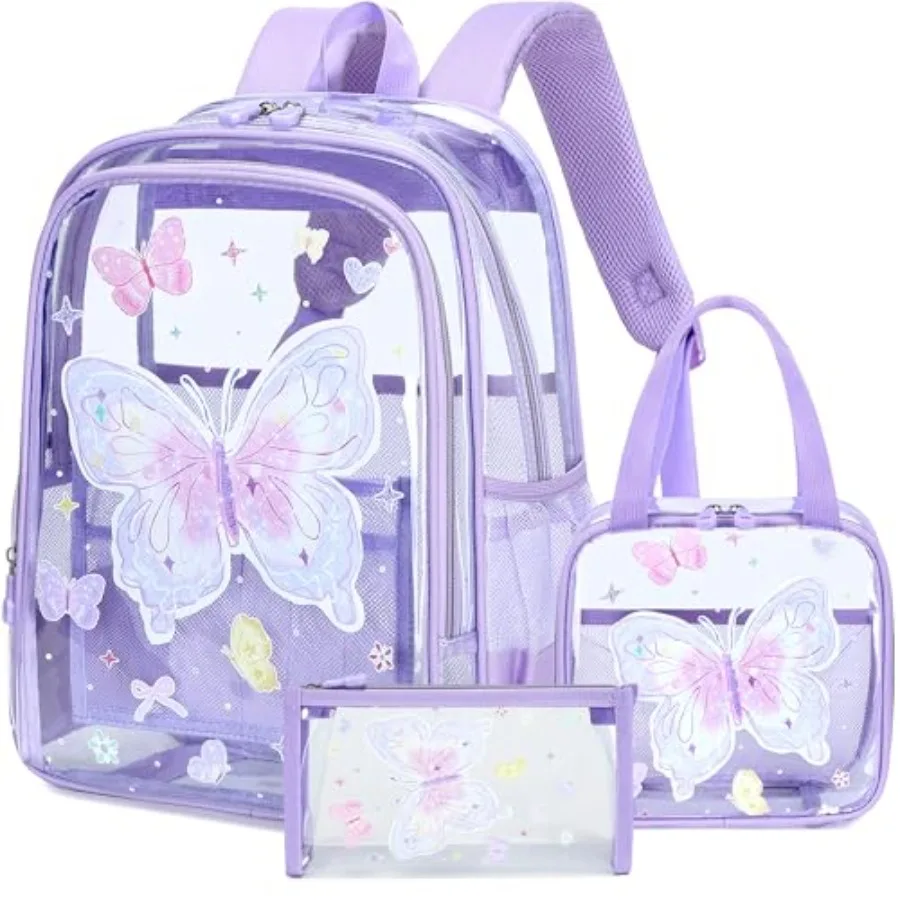 

Clear Backpack for Boys Girls, Backpack Set with Lunch Box Pencil Bag PVC Elementary Laptop Bookbag for School Students See Thr