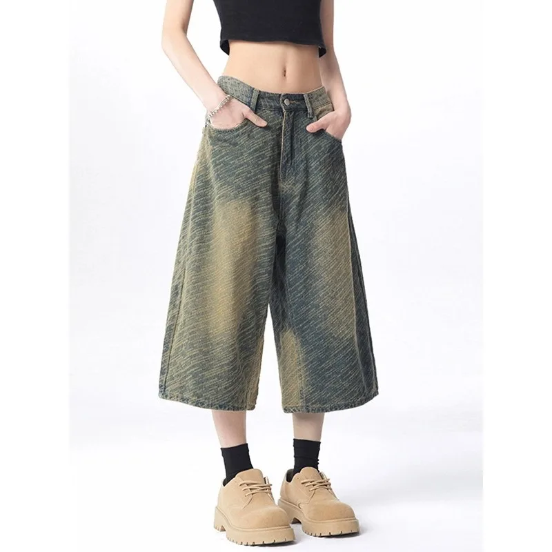 Unisex Vintage Washed Jacquard Denim Shorts Mid-Length Relaxed Fit Straight Streetwear Slimming Summer 2025