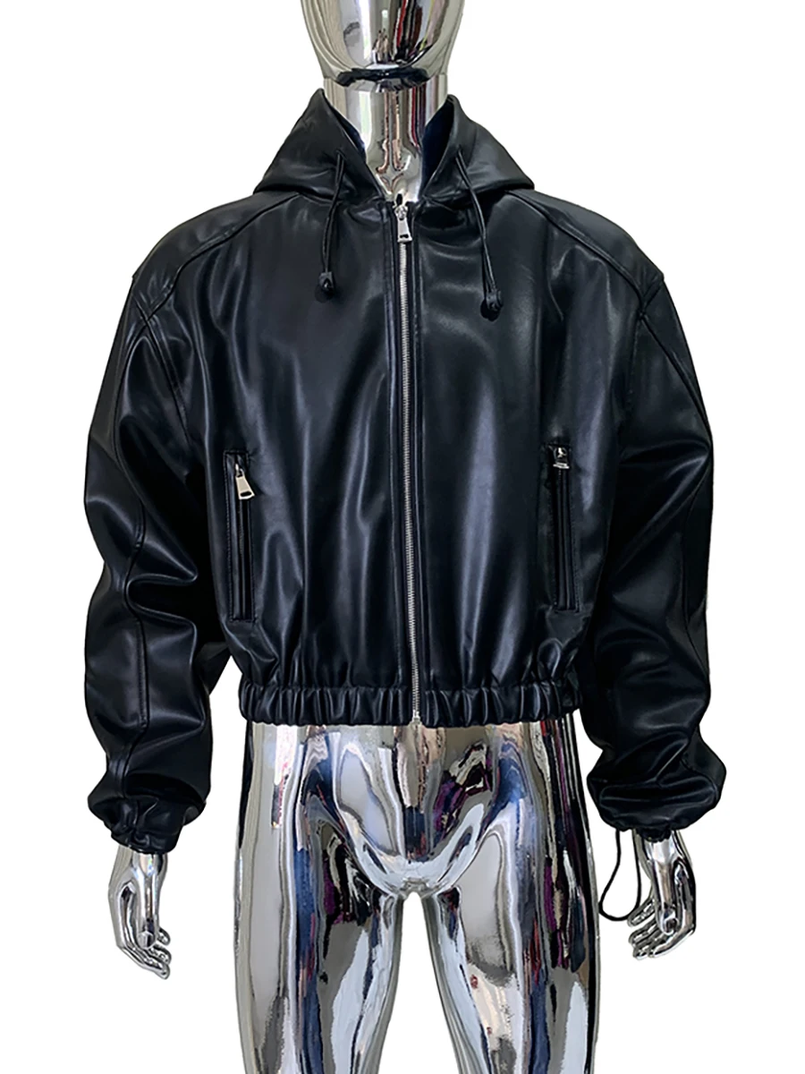 

Весенне-осенняя короткая черная мужская куртка из искусственной кожи с капюшоном на молнии с высокой эластичной резинкой на талии, крутая красивая укороченная унисекс эмо одежда2025