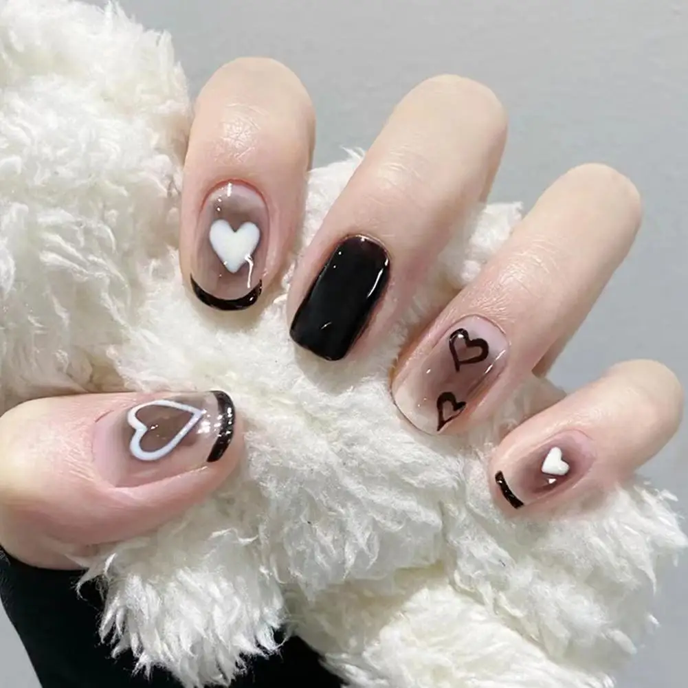 Black French Cute Love Heart Wearable Nail Art Glossy Nails Finished Fake Nails False On Glue Short Nails With Detachable P A0v0