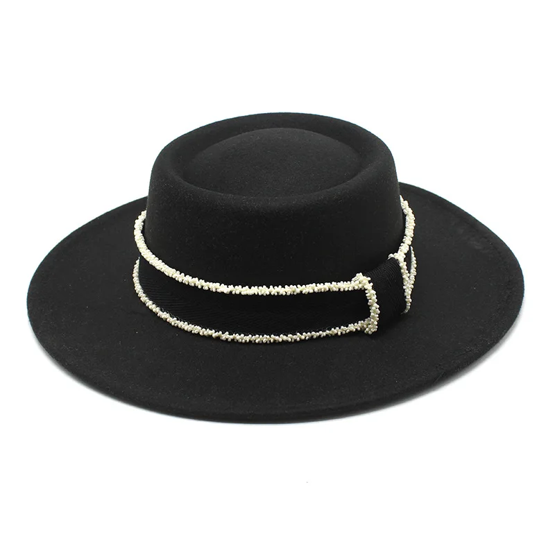 Felt Hats Children S Artistic Bead Necklace Ribbon Concave Convex Bowler Hat Pure Color All Matching Bucket Hat