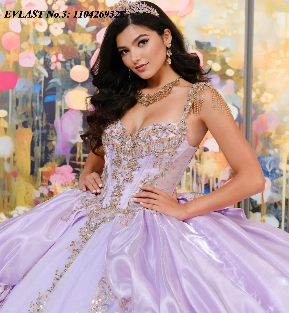 EVLAST Maßgeschneidertes glänzendes lila Lavendel-Quinceanera-Kleid, Ballkleid, goldene Spitze, Perlenapplikation, Sweet 16, Vestido De 15 Anos E3Q210