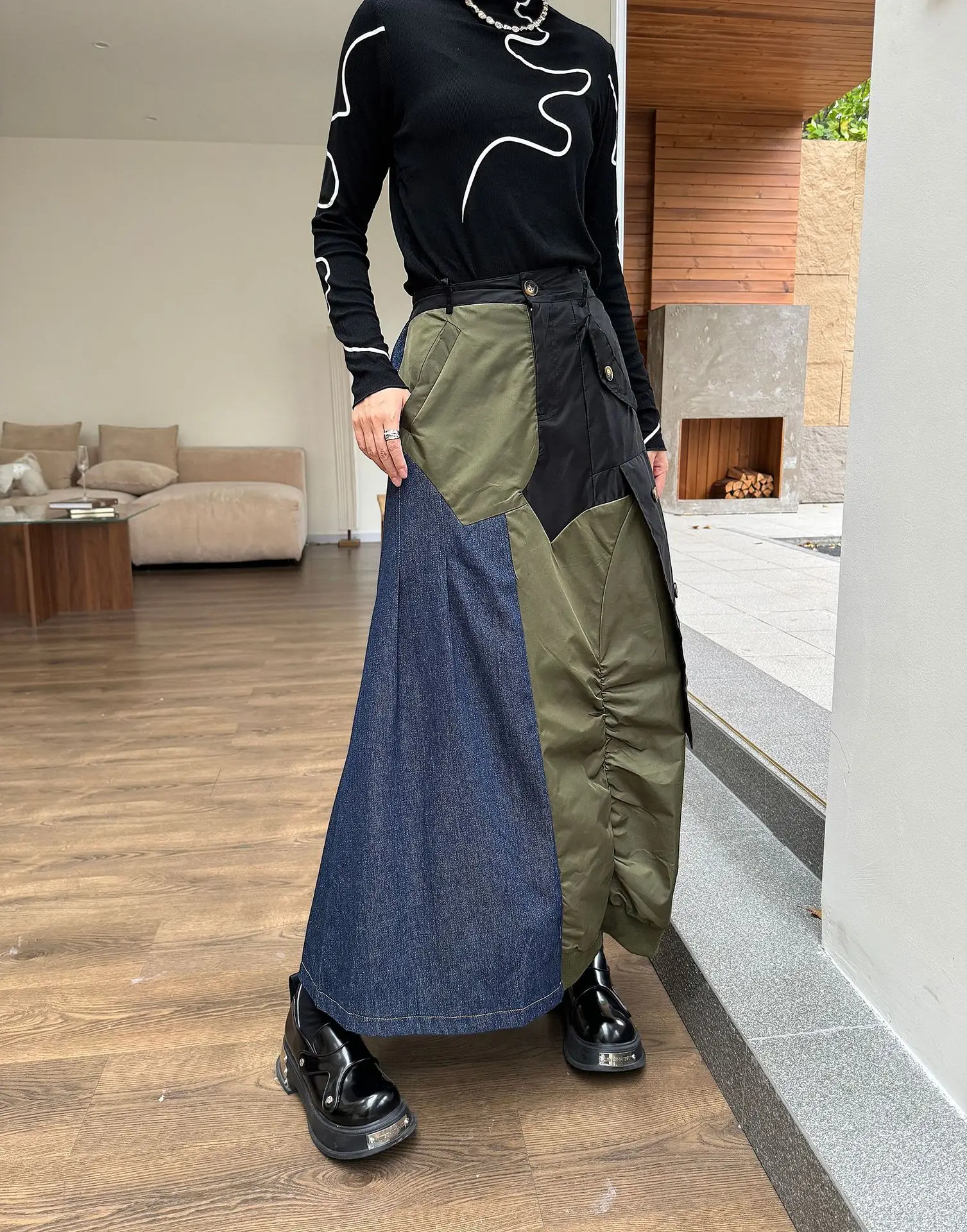

High Elastic Waist Black Green Color-block Long Casual Half-body Skirt Women Fashion Tide New Spring Autumn 2025