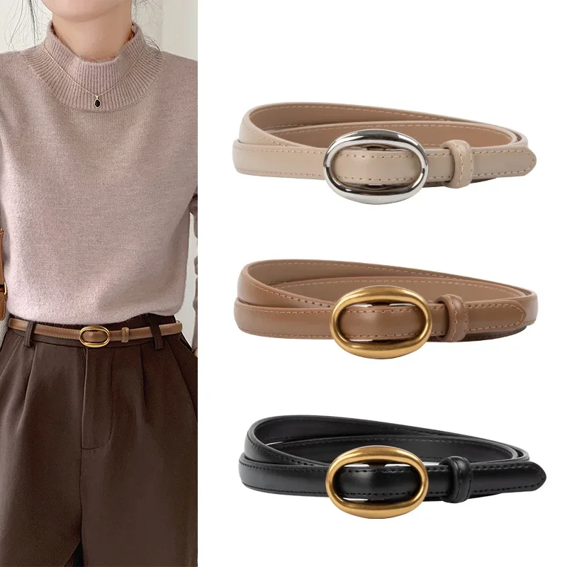 2024 New Genuine Leather Women's Thin Belt Leather Paired with Jeans Casual Pants Decorative Non Perforated Belt