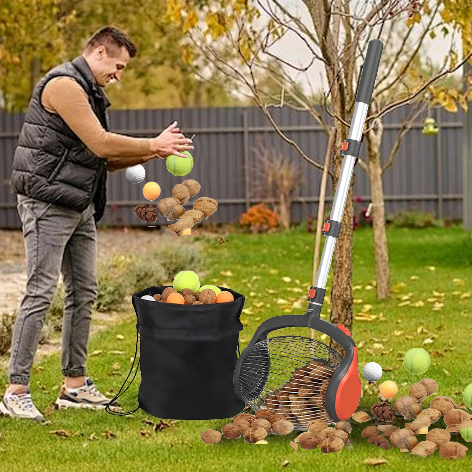 أداة تجميع الجوز حديقة المتداول الجوز جمع تلسكوبي متعدد الوظائف منتقي الجوز الأسطوانة العلوية للبقان والجوز في الهواء الطلق