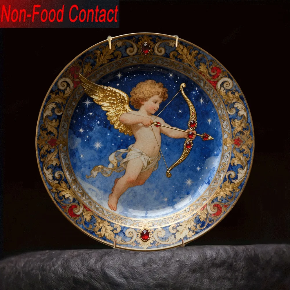 1pc Ceramic Decorative Plate - Angel with Golden Wings & Blue Starry Night Sky Design, Non-Food Contact Surface, Elegant Home