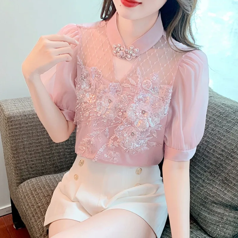 Summer Short Sleeve Chiffon Shirt Women's 2025 New French Style Top Unique Chic Shirt Vintage Bubble Sleeve Blouses