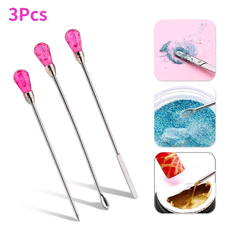 3Pcs/Set Nail Art Stirring Rod Tool Wax  Stick  Stainless Steel Powder Liquid UV Gel Spoon Spatula Pin Dotting Pen