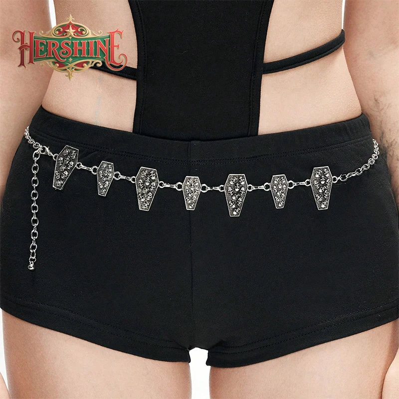 HERSHINE Women's Vintage Skull Coffin Metal Decor Waist Chain, Y2K Gothic, Punk, Harajuku, Rock & Hip Hop Style，spring，summer