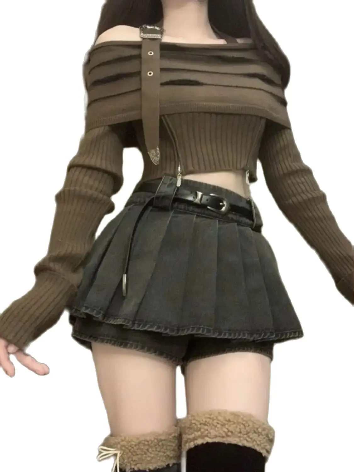 Y2k Sexy 2 Piece Set Knitted Sweater New Women Korean Sweet High Street Skirts Suit Female Off Mini Skirt Pants 2024