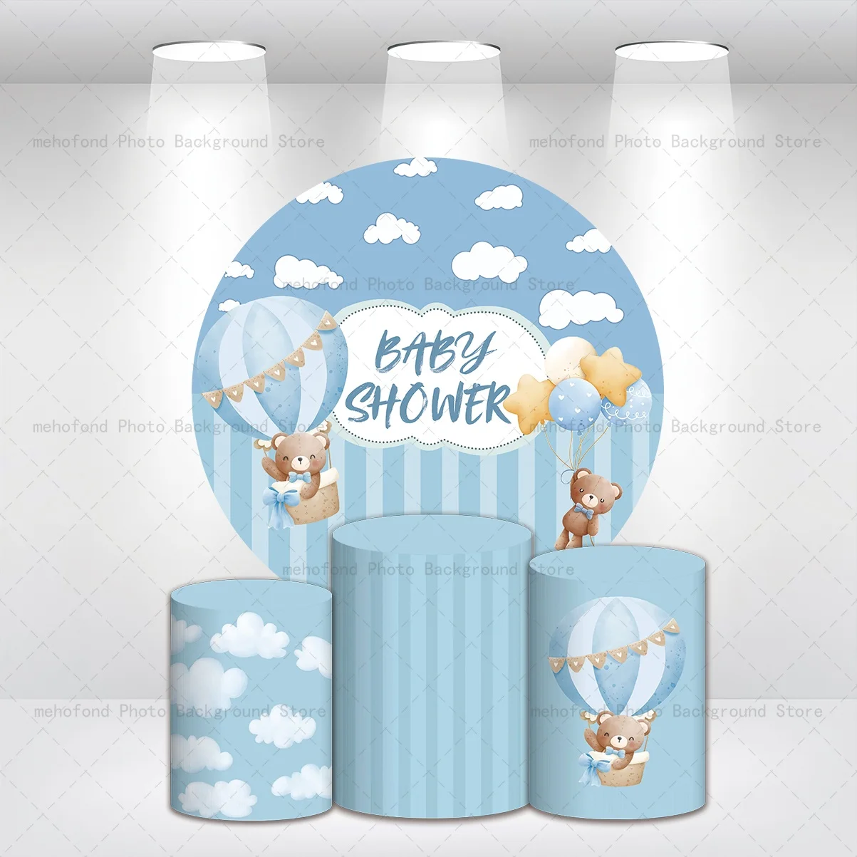 Mehofond Little Bear Hot Air Balloon Circle Backdrop Cover Bridal Shower Round Elastic Floral Decor Cylinders Plinth Background