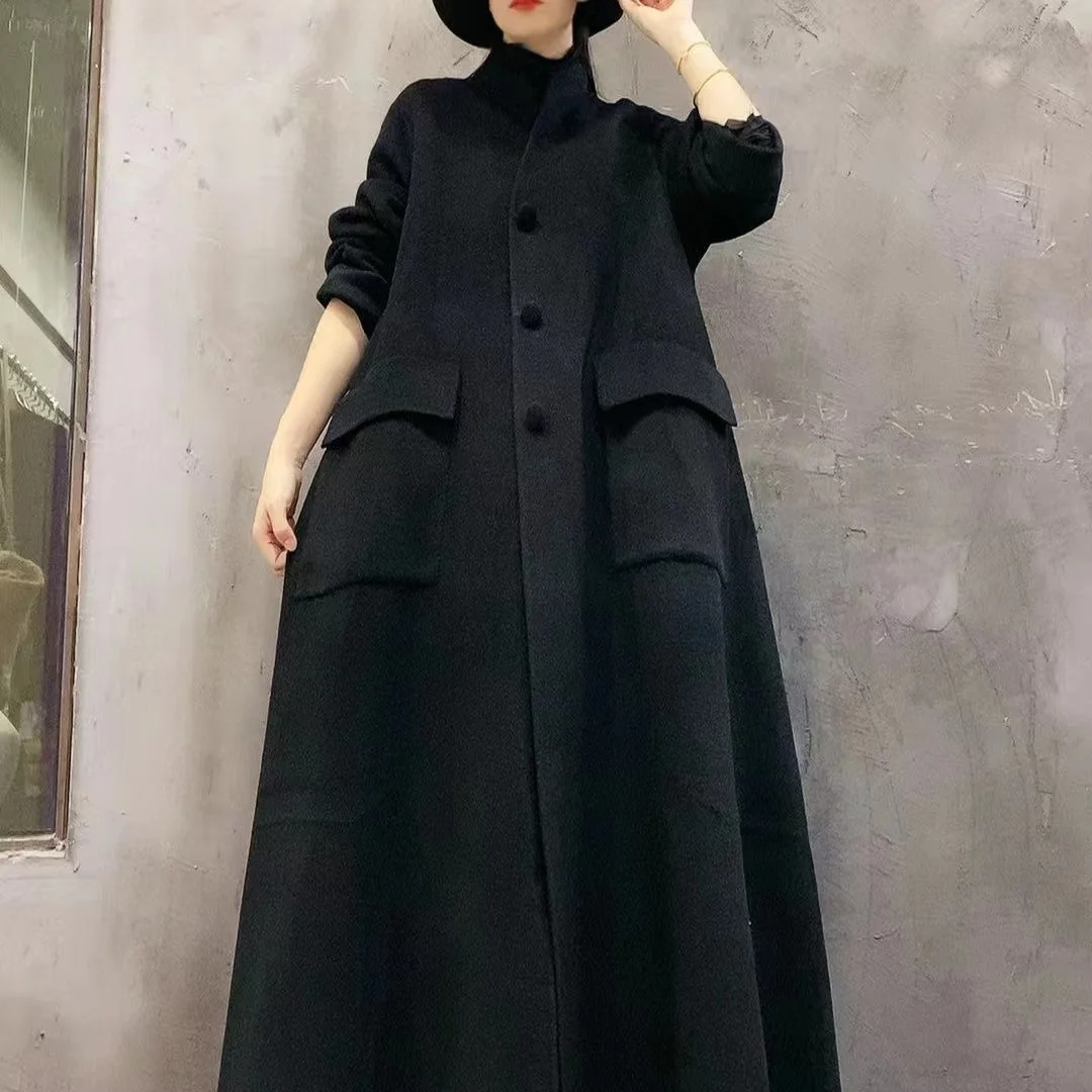 Vefadisa 2024 Autumn Winter New Black Women Wool Stand Collar Long Sleeve Long Coat Simple Fashion All-match Coat ZXY842A