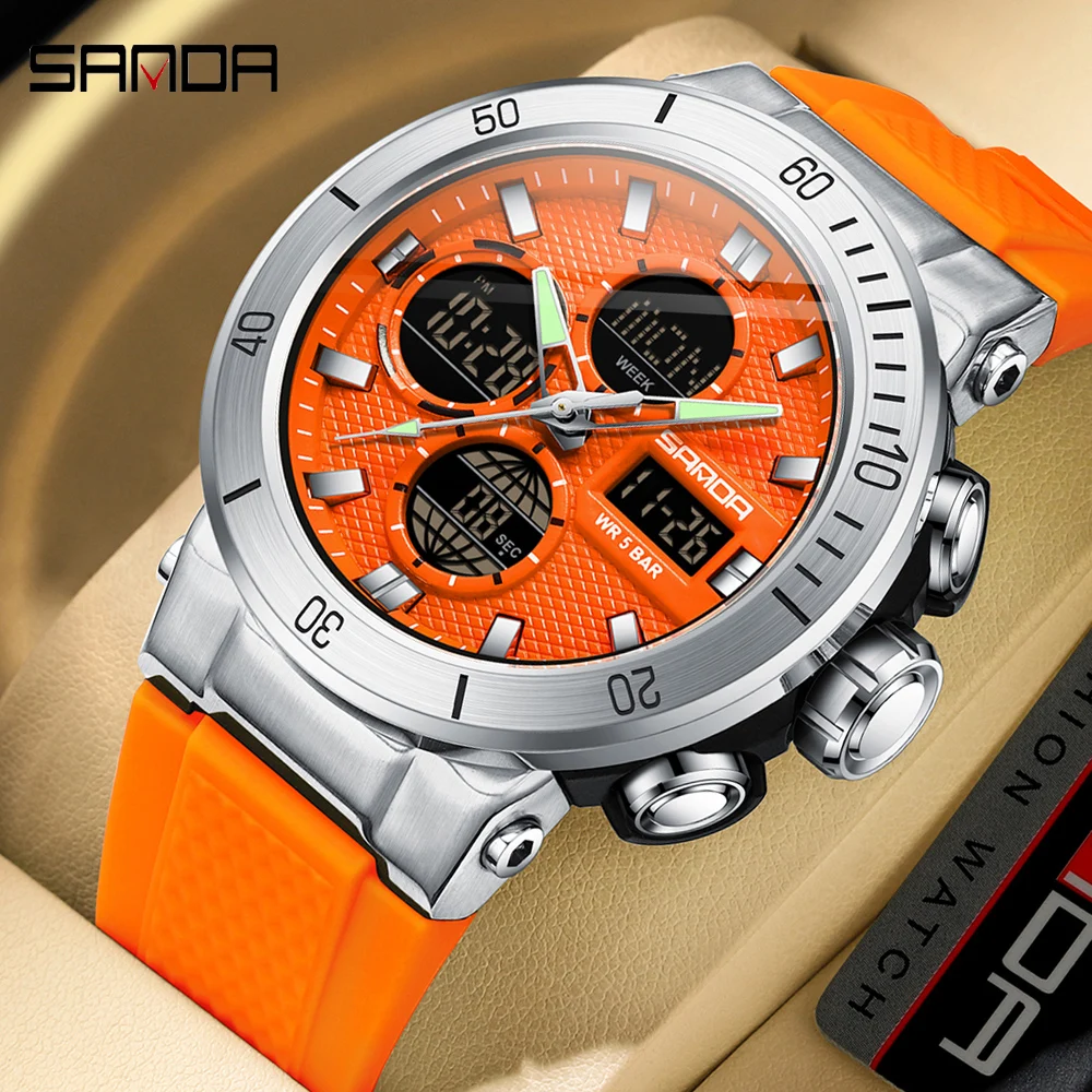 SANDA Sport Men\'s Watch Orange Silicone Strap Luxury Waterproof Chronograph Quartz Wristwatches Digital Date and Week Clock