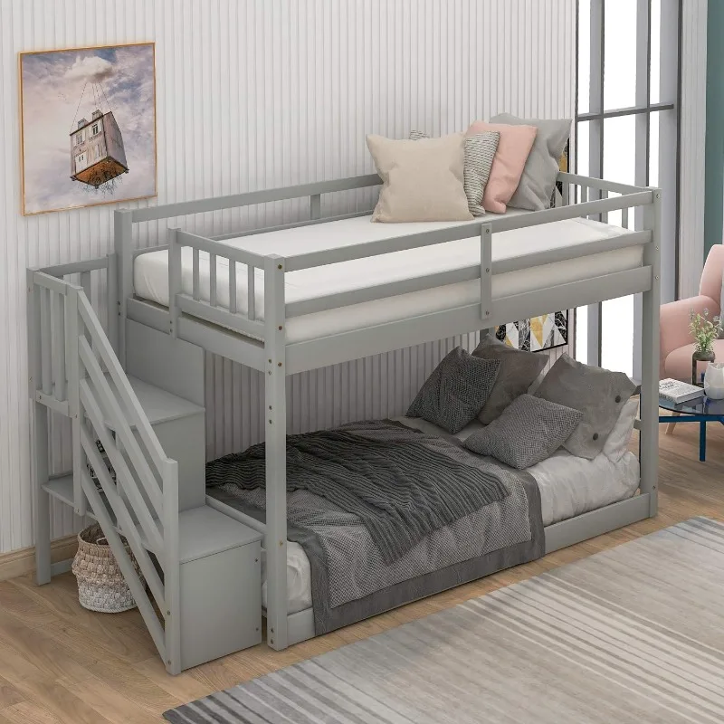 

Twin Over Twin Junior's Low Bunk Bed with Storage Stairs,Wood Floor Bunk Bed with Storage for Kids Teens