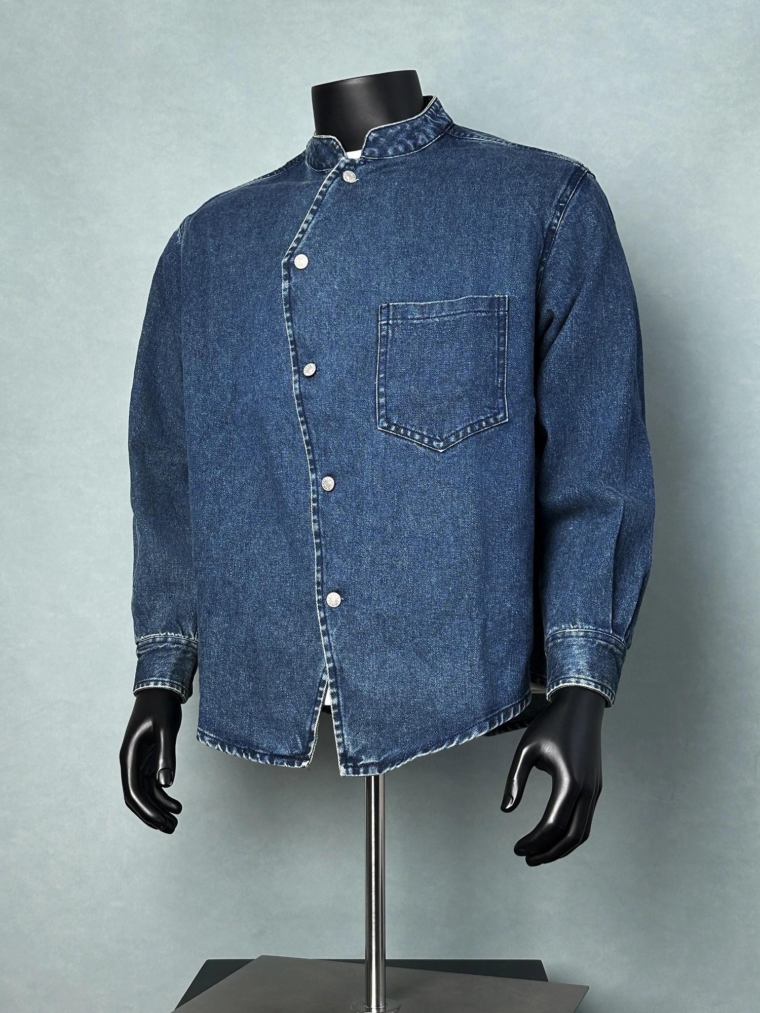 

Мужская джинсовая куртка ANXIE в стиле ретро, молодежная, трендовая, уличная мода, с воротником, длинными рукавами, однотонная, в китайском стиле