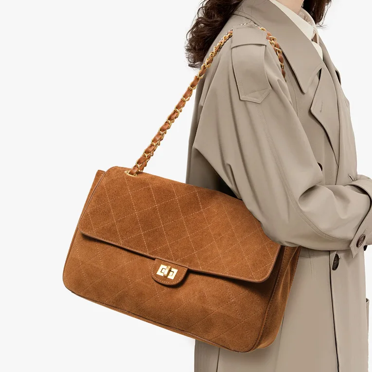 Genuine Cowhide Shoulder Bag for Women, Retro Diamond Stitch Flap Purse, Leather Woven Chain Crossbody Bag, Large Capacity