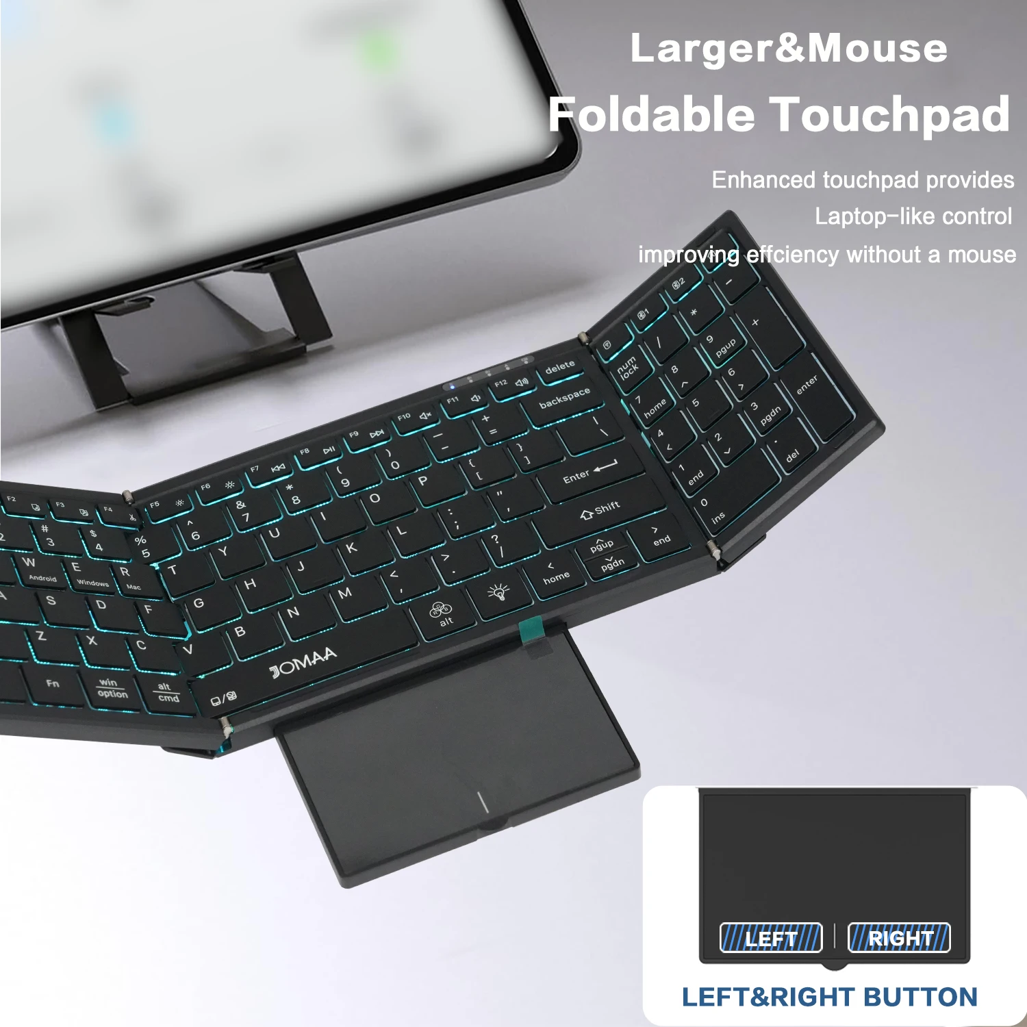 JOMAA Tragbare 98-Tasten Faltbare Reise-Tastatur mit LED-Hintergrundbeleuchtung, Wiederaufladbare Bluetooth & 2,4G Kabellose Touchpad-Tastatur für Win/Mac
