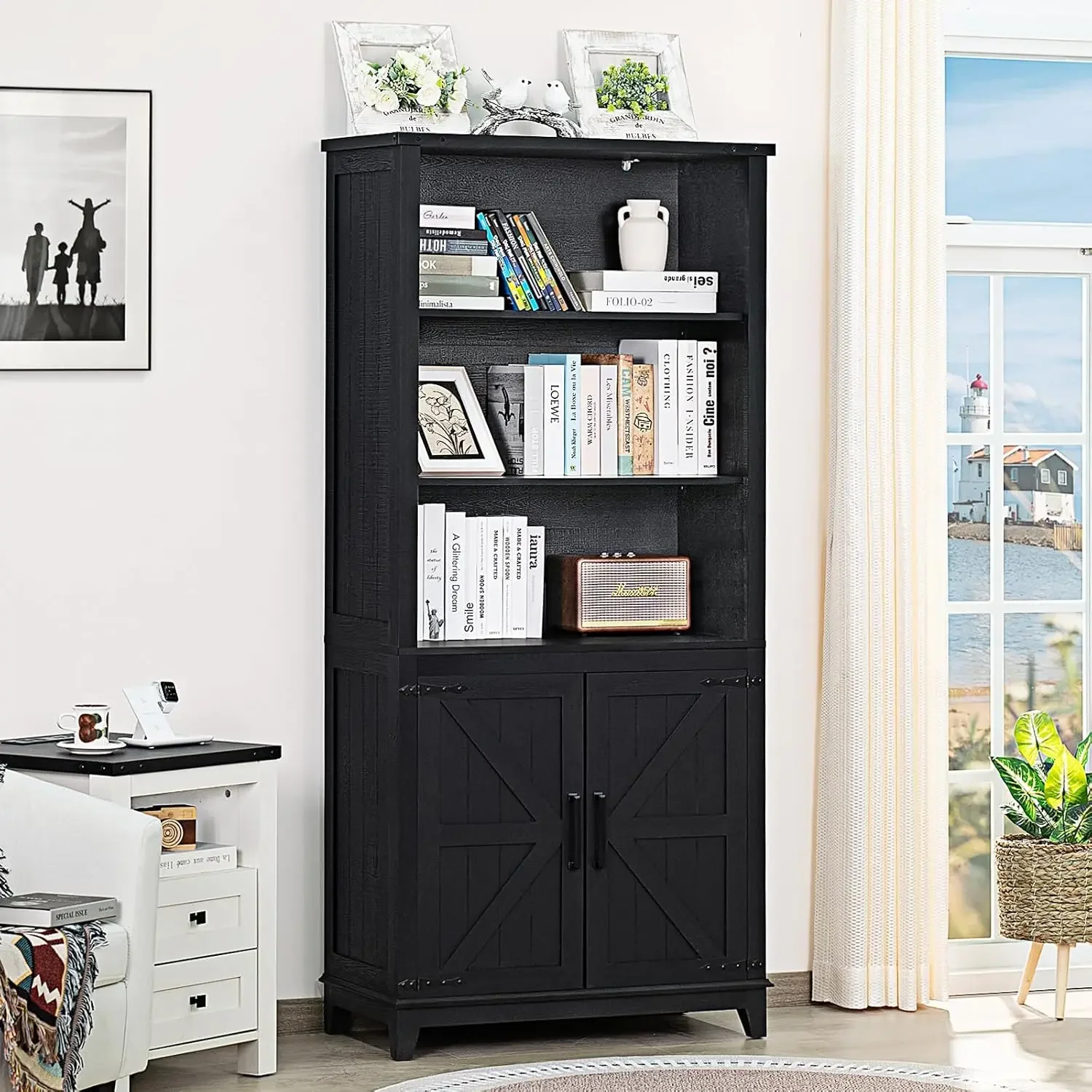 70in Tall Bookshelf 5 Tier Bookcase with Barn Doors and Adjustable Shelves, Black Farmhouse Book Shelf with Storage Cabinet.