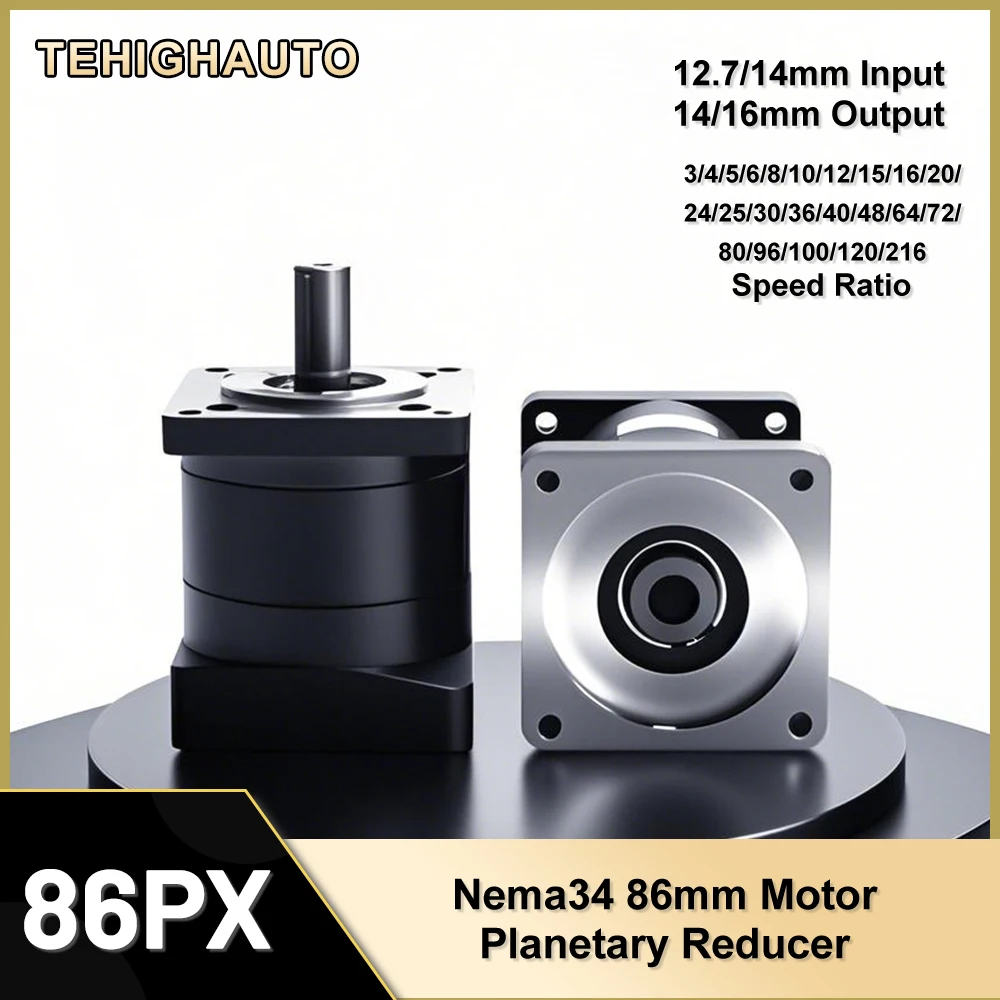Nema34 Planetary Gearbox 86mm Flange 14/12.7mm Input 16/14mm Output Ratio 3,5,10,15~216 to 1 3000rpm for Stepper Motor