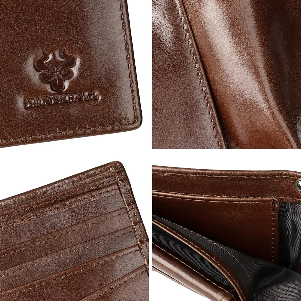 HUMERPAUL Genuine Leather Men Wallet Business Short Purse RFID Protect Credit Card Holder Clutch for Women with Anti-theft Chain
