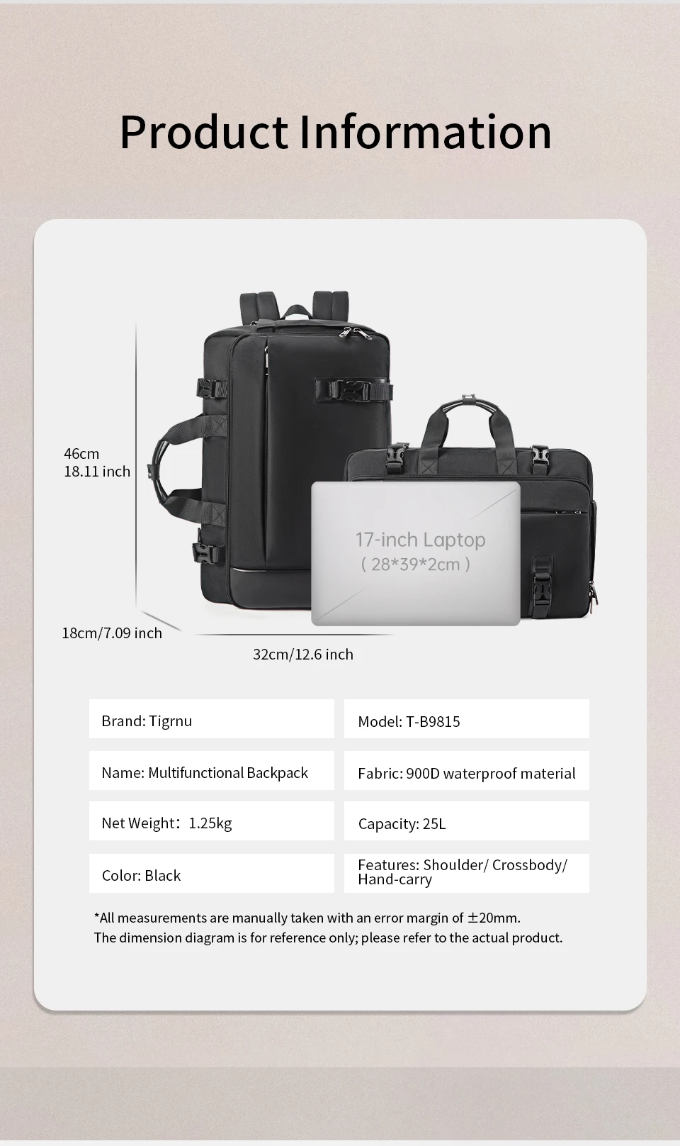 Tigernu Reiserucksack Herren Handtaschen Laptop-Rucksack für 17-Zoll-Laptops Schultertasche Reisetasche 3-in-1-Taschen für Herren Schultaschen Rucksack – Detail 4