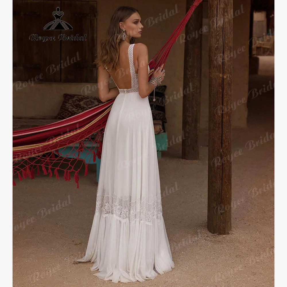 trouwjurk Plunging V Neck Lace Chiffon Boho Wedding Dress for Women 2024 Backless Bridal Gown Customized abito sposa Backless