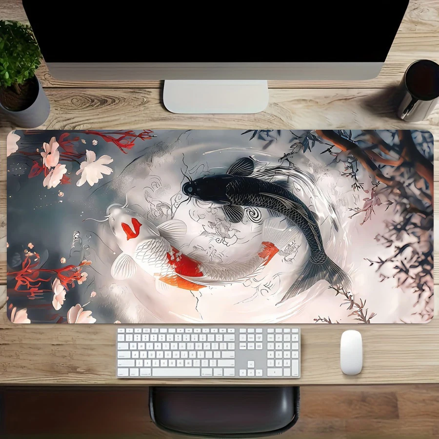 

Большой белый игровой коврик для мыши «Кои и Сакура» XXL Нескользящие резиновые коврики для офисного стола Простой японский дизайн Коврик для клавиатуры для киберспорта