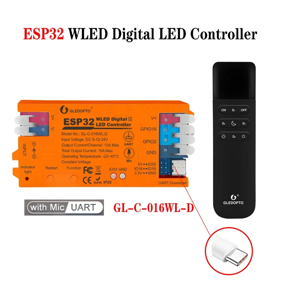 GLEDOPTO ESP32 WLED светодиодный контроллер DC5-24V адресуемый цифровой WS2811 WS2812 SK6812 TM1814 WS2813 WS2815 полосы света