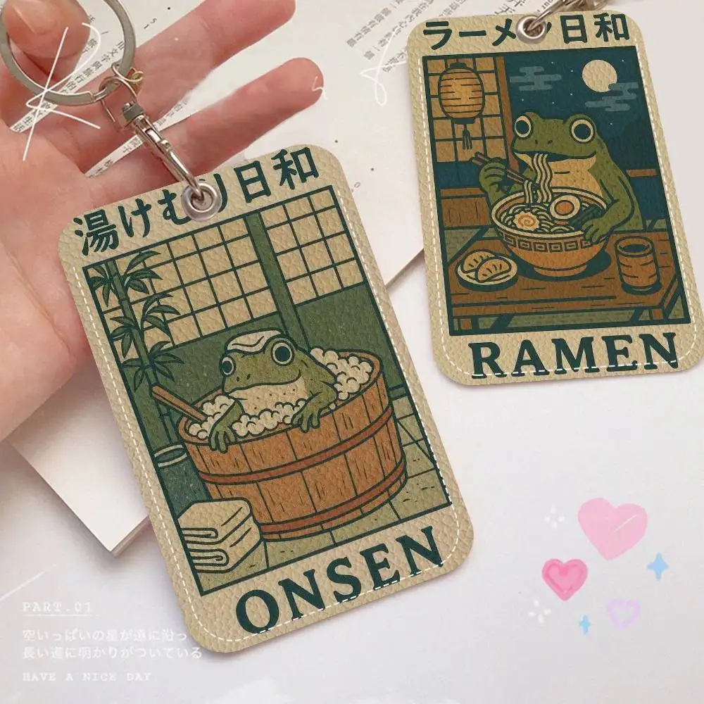 Retro Japanese Funny Frog in A Bathtub 1Pc PU Leather Card Holder Keychain Key Ring Door Lock Access Tags ID Card Case Keychain