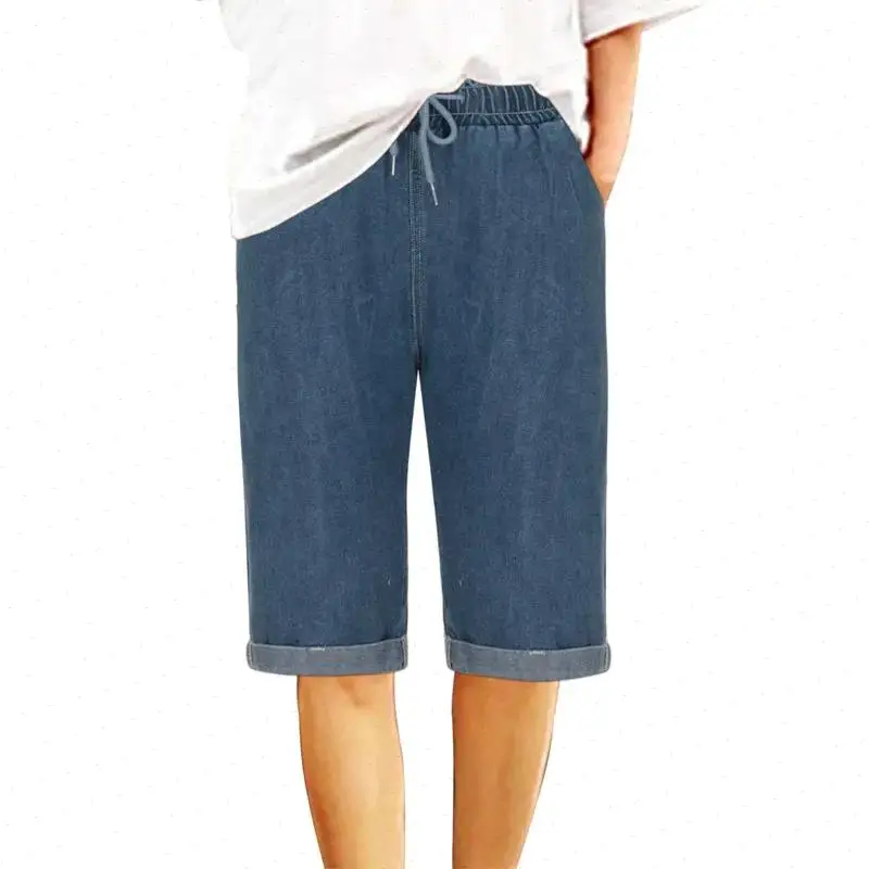 Women Jeans Drawstring Pockets Denim Knee Length Pants Straight Washed Jean Spliced Casual Pant Streetwear Lady Summer